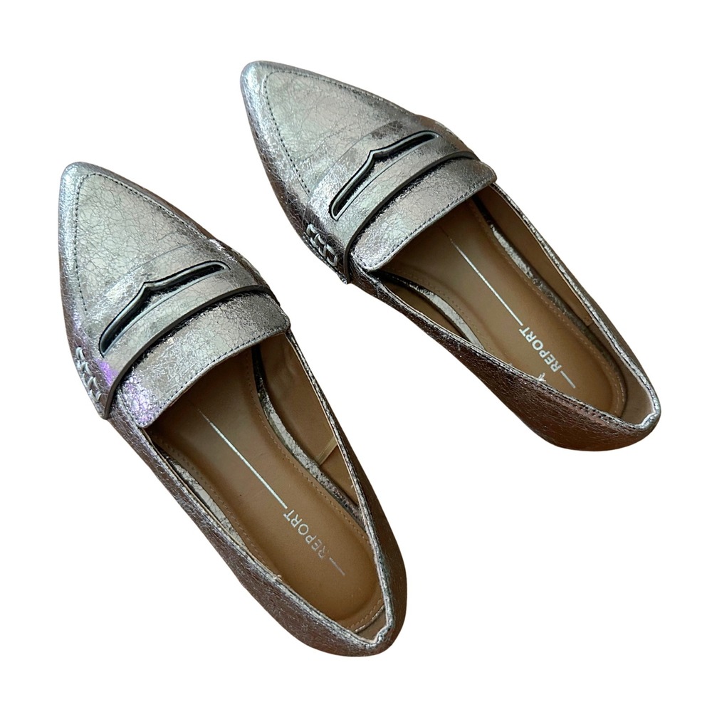 Report Rossly Metallic Silver Pointed Toe Penny Loafers Flats Women's Size 6 EUC
